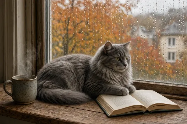Grey Domestic Longhair with Rainy Window and Coffee