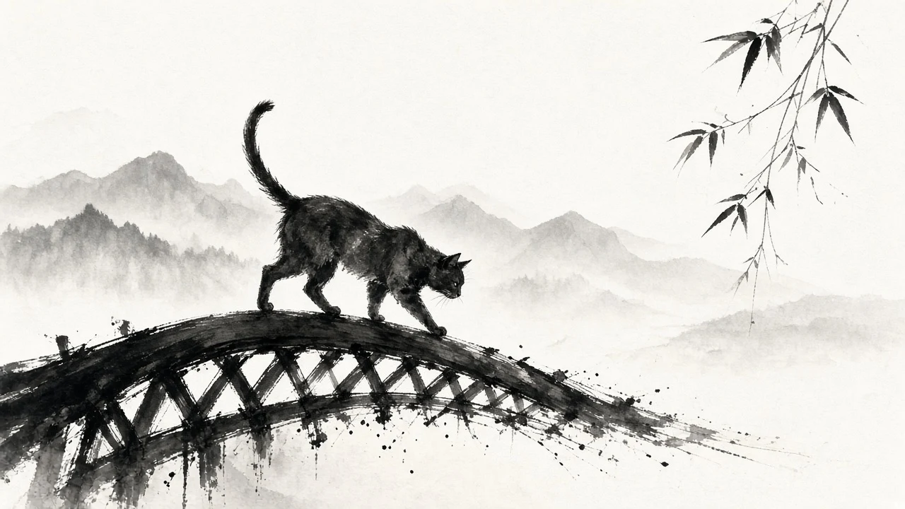 Minimalist Sumi-e Ink Wash Cat on Bamboo Fence
