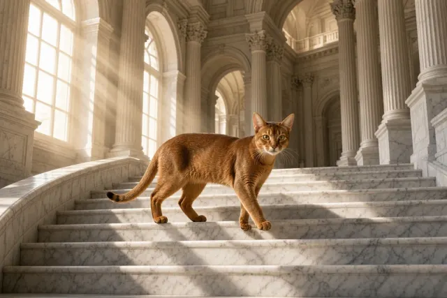 Ruddy Abyssinian on Sunlit Neoclassical Marble Stairs