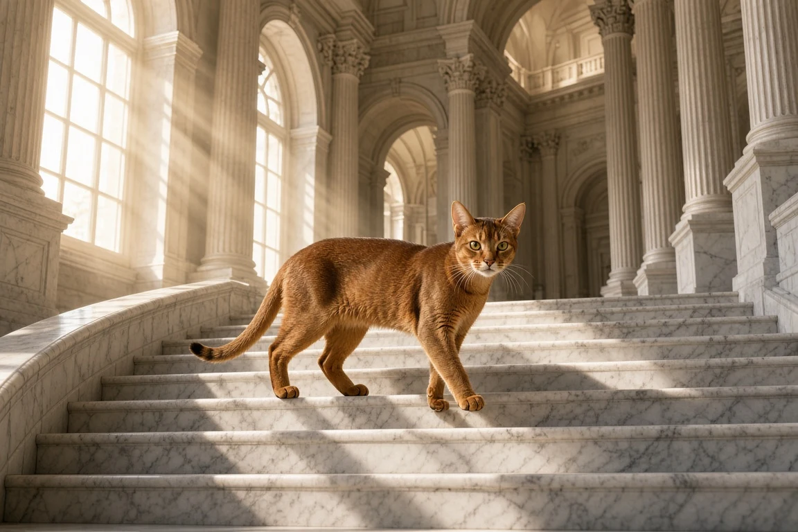 Ruddy Abyssinian on Sunlit Neoclassical Marble Stairs