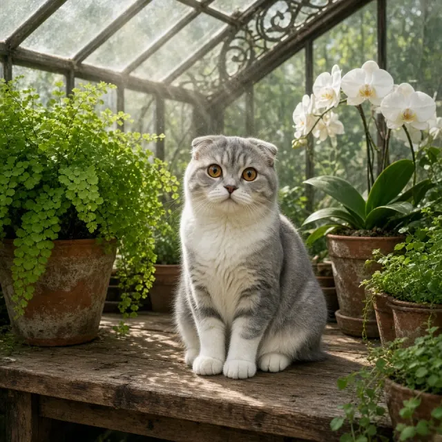 Scottish Fold in Sun-Dappled Victorian Greenhouse