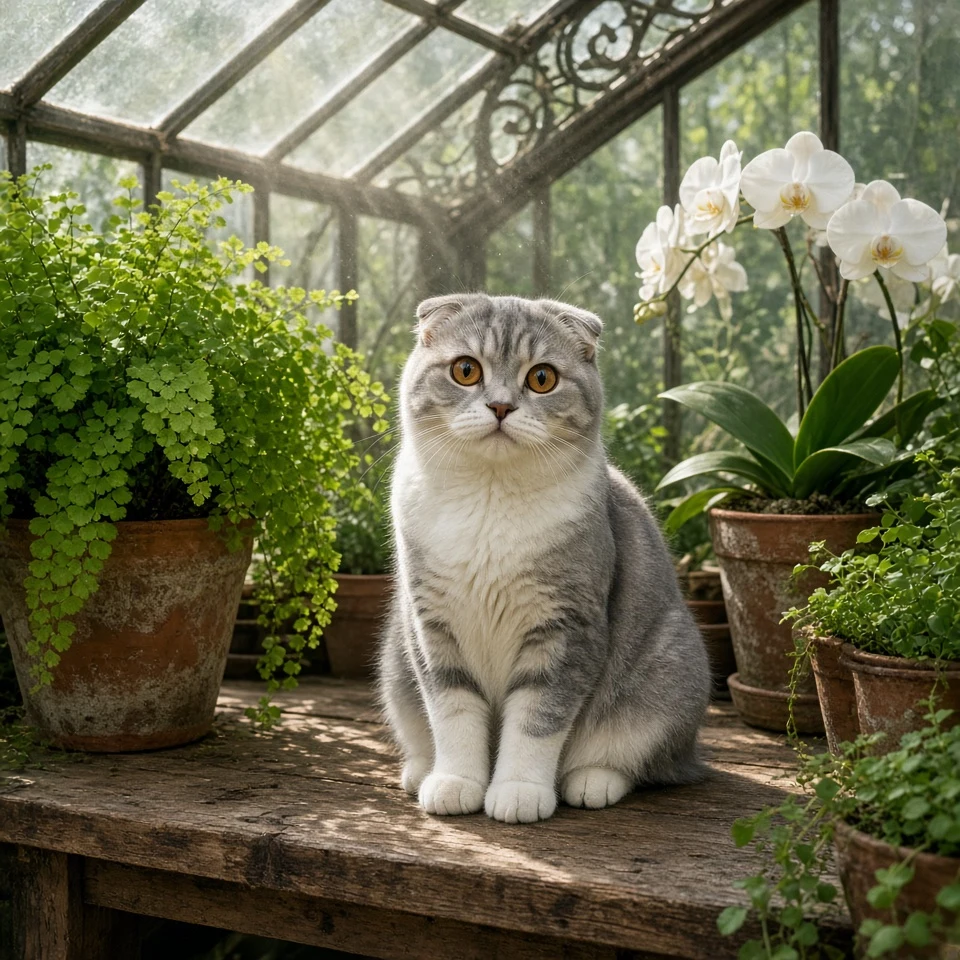 Scottish Fold in Sun-Dappled Victorian Greenhouse