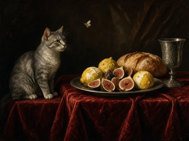 Dutch Golden Age Still Life with Attentive Grey Cat