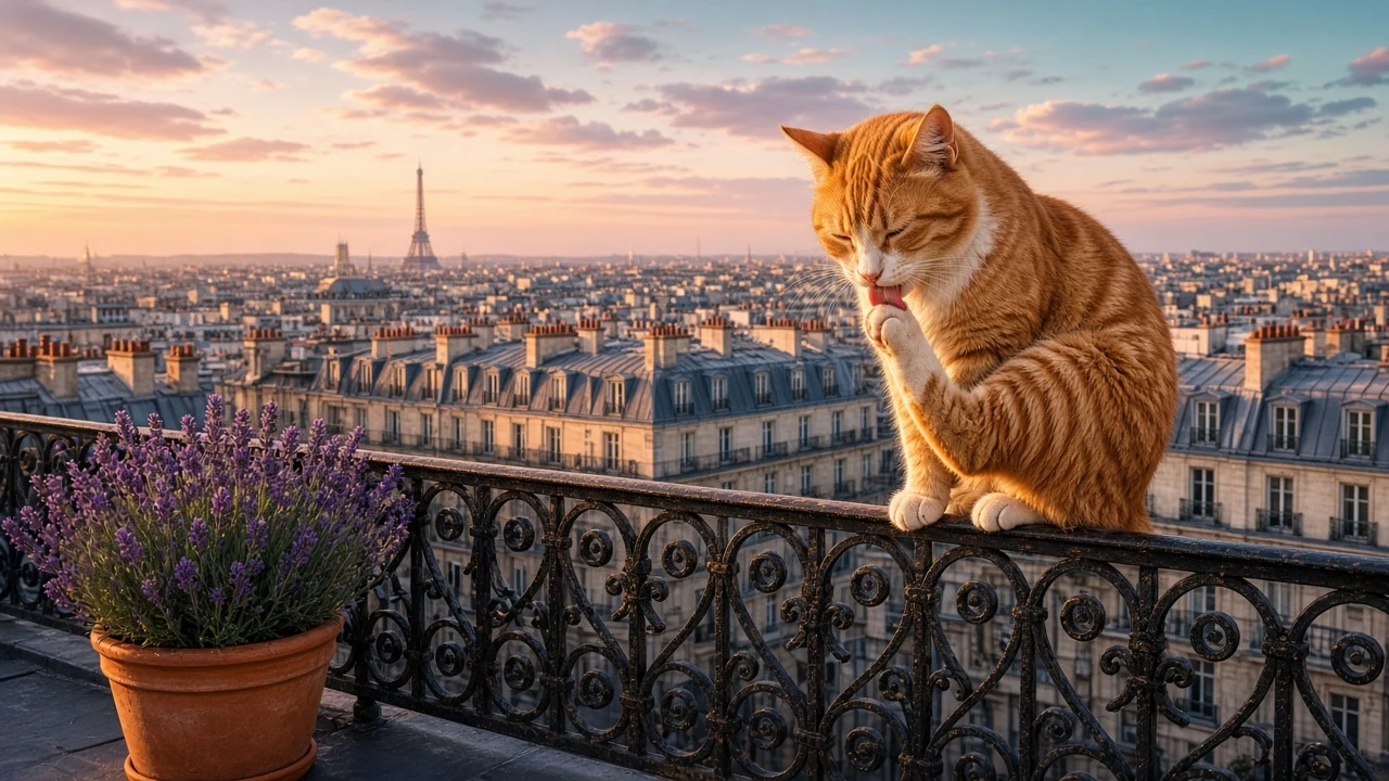 Ginger Tomcat Grooming on Parisian Wrought-Iron Balcony