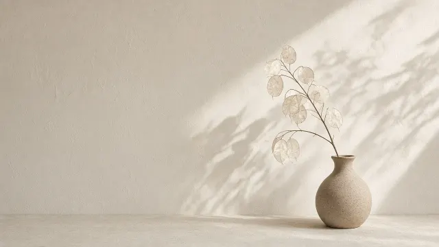Minimalist Japanese Ceramic Vase with Dried Lunaria Branch