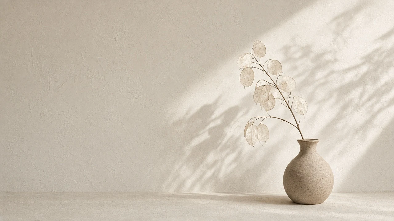 Minimalist Japanese Ceramic Vase with Dried Lunaria Branch