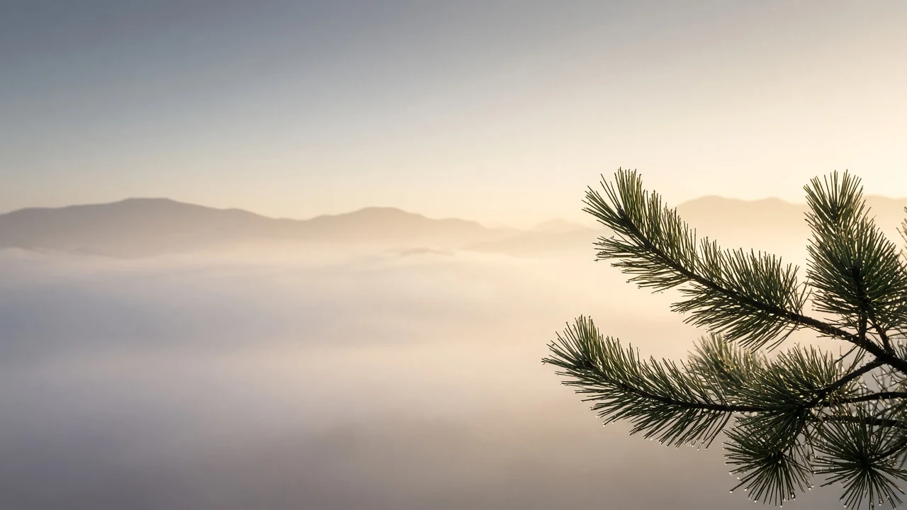 Lone Alpine Pine Silhouette Under Misty Pale Dawn Sky