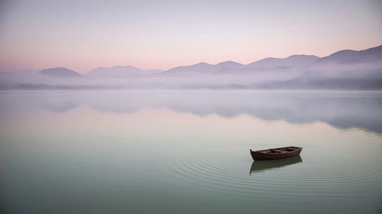 Serene Morning Lake with Solitary Distant Rowing Skiff