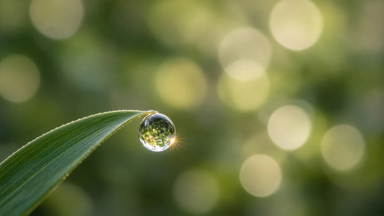 Single Dewdrop Suspended on Curved Bamboo Leaf