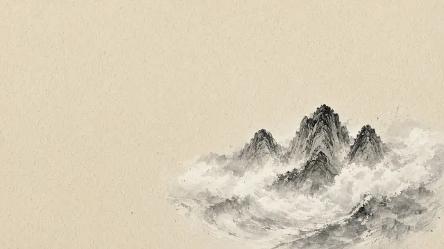 Sumie Ink Wash Mountain Peaks Emerging from White Cloud Sea