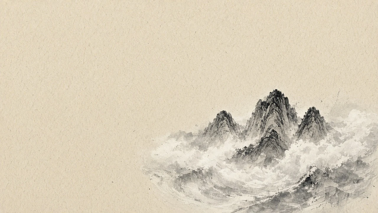 Sumie Ink Wash Mountain Peaks Emerging from White Cloud Sea