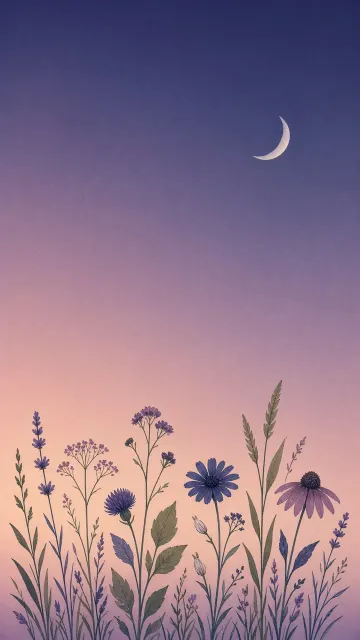 Stylized Vector Meadow Flowers Under Soft Twilight Moon