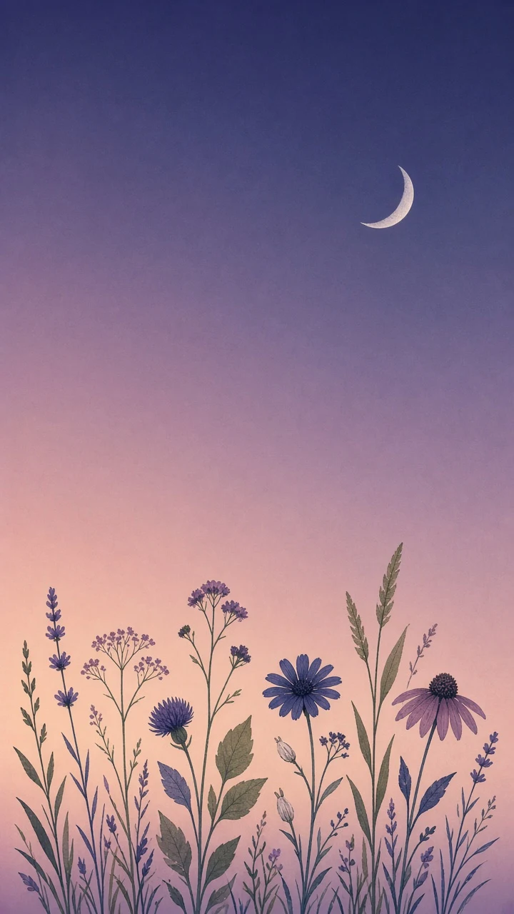 Stylized Vector Meadow Flowers Under Soft Twilight Moon