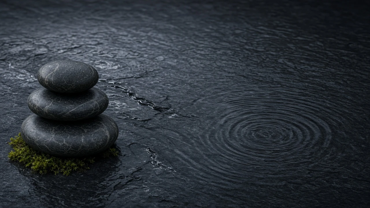Smooth River Pebbles Arranged on Wet Dark Slate
