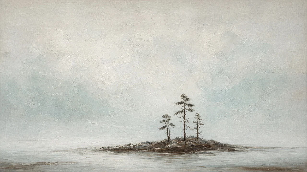 Minimalist Oil Painting of Foggy Nordic Coastal Islands