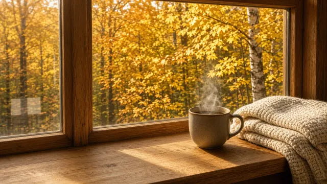 Sunlit Window Nook with Golden Canopy and Steaming Ceramic Mug