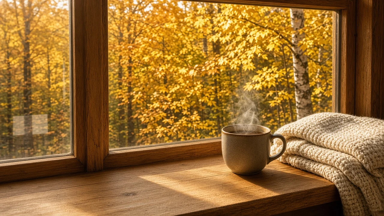 Sunlit Window Nook with Golden Canopy and Steaming Ceramic Mug