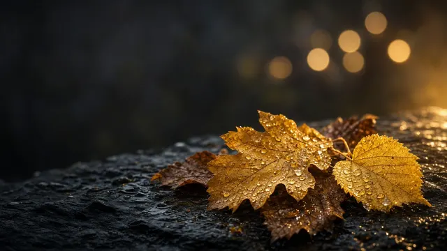 Dew-Kissed Golden Oak Leaves on Wet Weathered Slate Slab