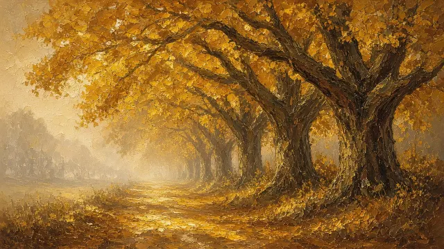 Impasto Oil Painting of Golden Beech Avenue in Dappled Afternoon Sunlight