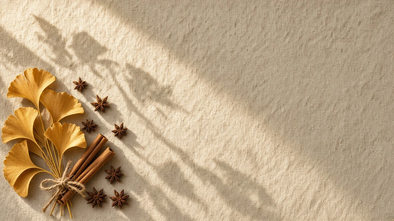 Minimalist Linen Flat Lay with Gilded Ginkgo Biloba Leaves and Cinnamon