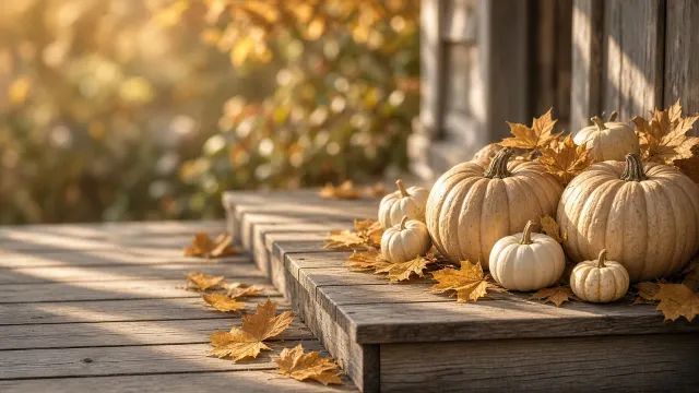 Rustic Porch Step with Heirlooms Pumpkins and Golden Maple Foliage