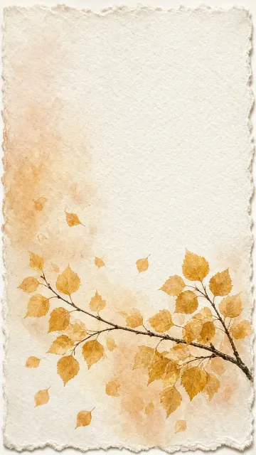 Delicate Watercolor Birch Sprig with Floating Leaves in Golden Mist
