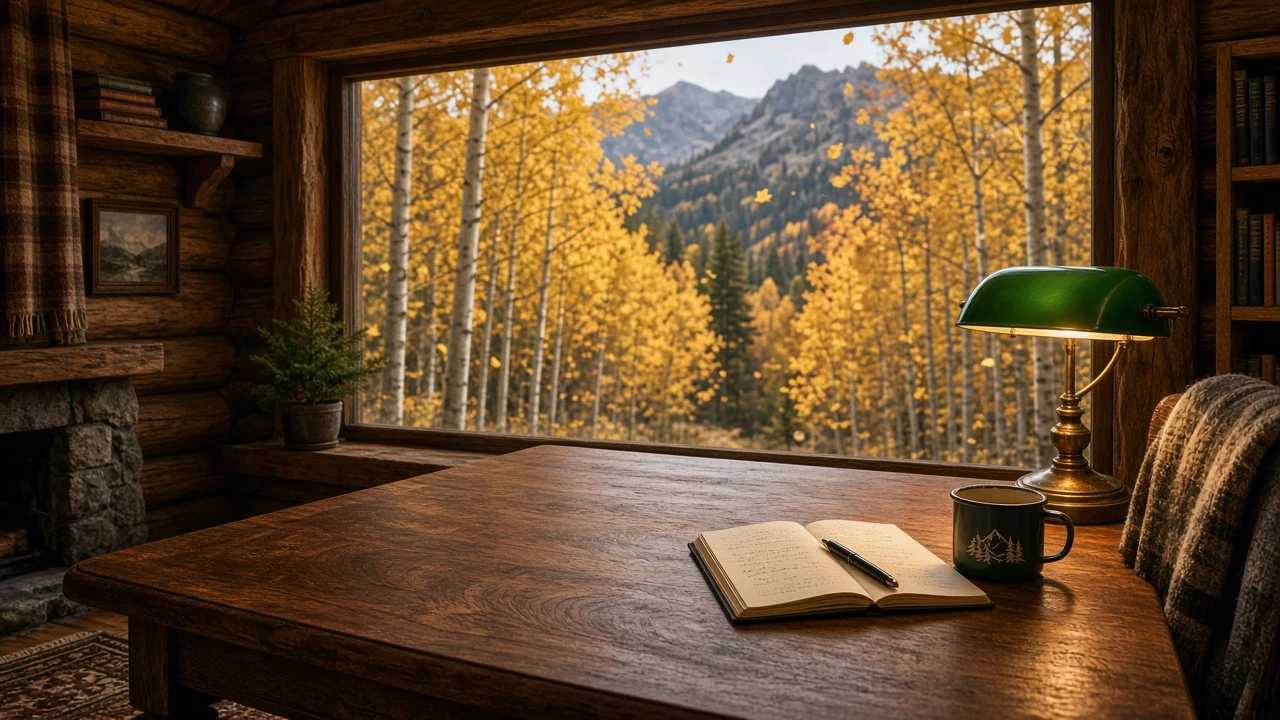 Cozy Timber Cabin Reading Table Overlooking Swirling Golden Woods