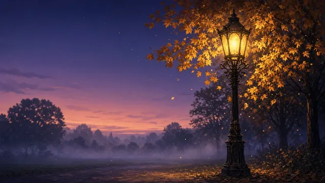 Glowing Vintage Streetlamp in Autumn Twilight Park Digital Painting
