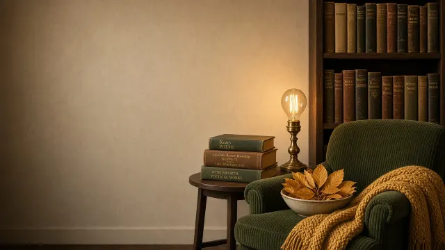 Hygge Armchair and Bookshelf Nook with Golden Leaves and Edison Glow