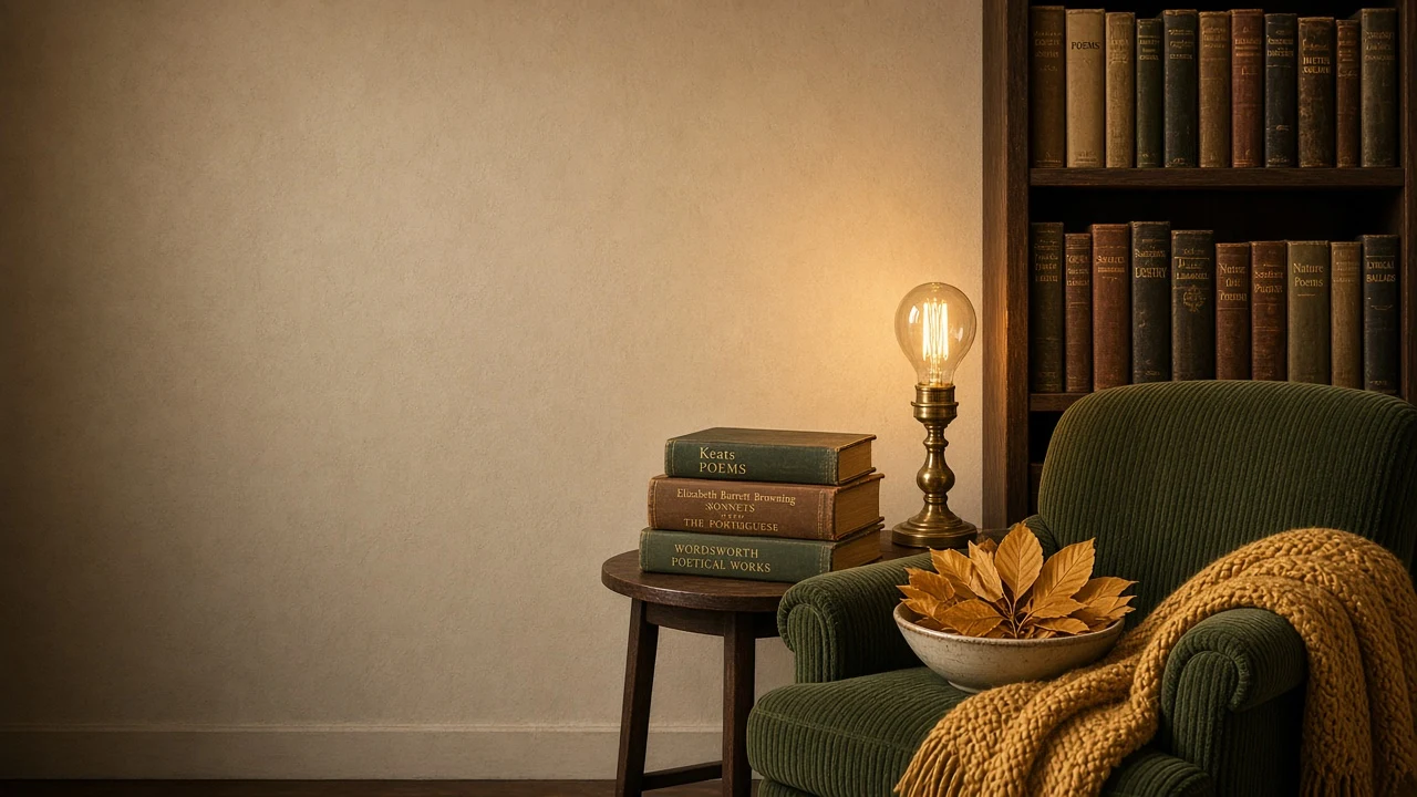 Hygge Armchair and Bookshelf Nook with Golden Leaves and Edison Glow