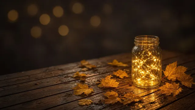 Illuminated Fairy Light Mason Jar on Cedar Planks with Golden Leaves