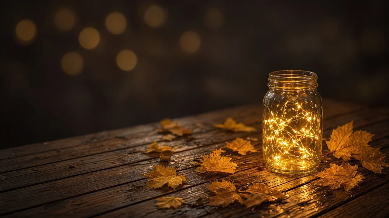 Illuminated Fairy Light Mason Jar on Cedar Planks with Golden Leaves