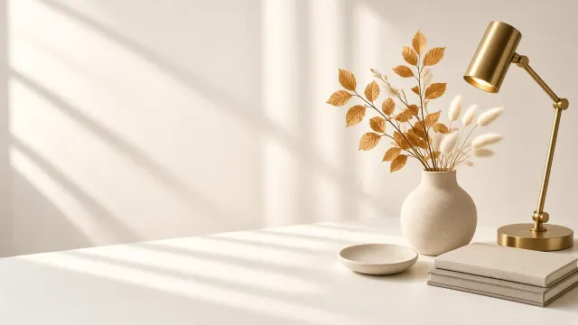 Scandinavian Desk Still Life with Dried Golden Botanicals and Desk Lamp