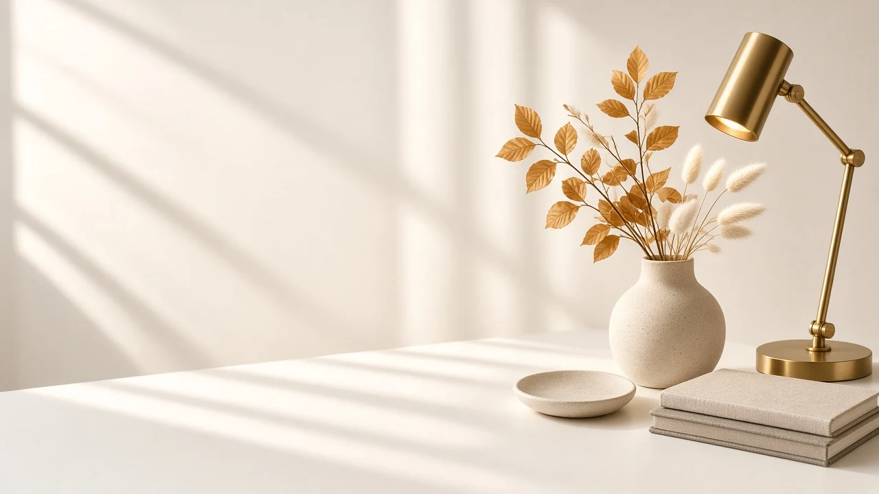 Scandinavian Desk Still Life with Dried Golden Botanicals and Desk Lamp