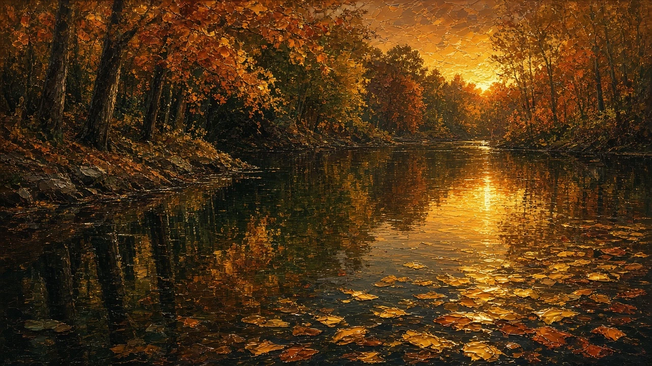Oil Impasto of Forest Pond Dappled with Floating Golden Foliage