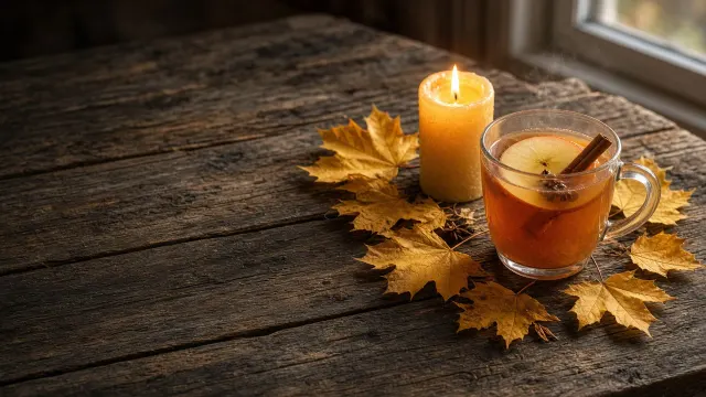 Rustic Table Scene with Spiced Apple Cider and Scattered Golden Foliage
