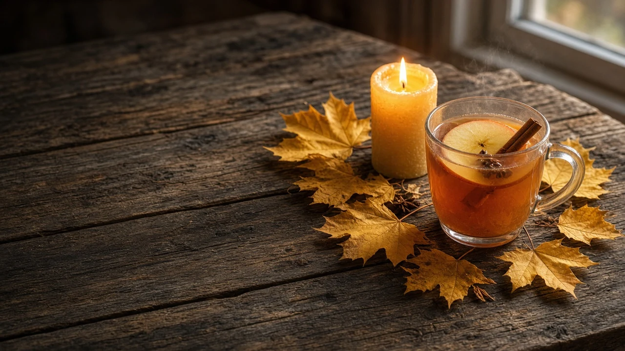 Rustic Table Scene with Spiced Apple Cider and Scattered Golden Foliage