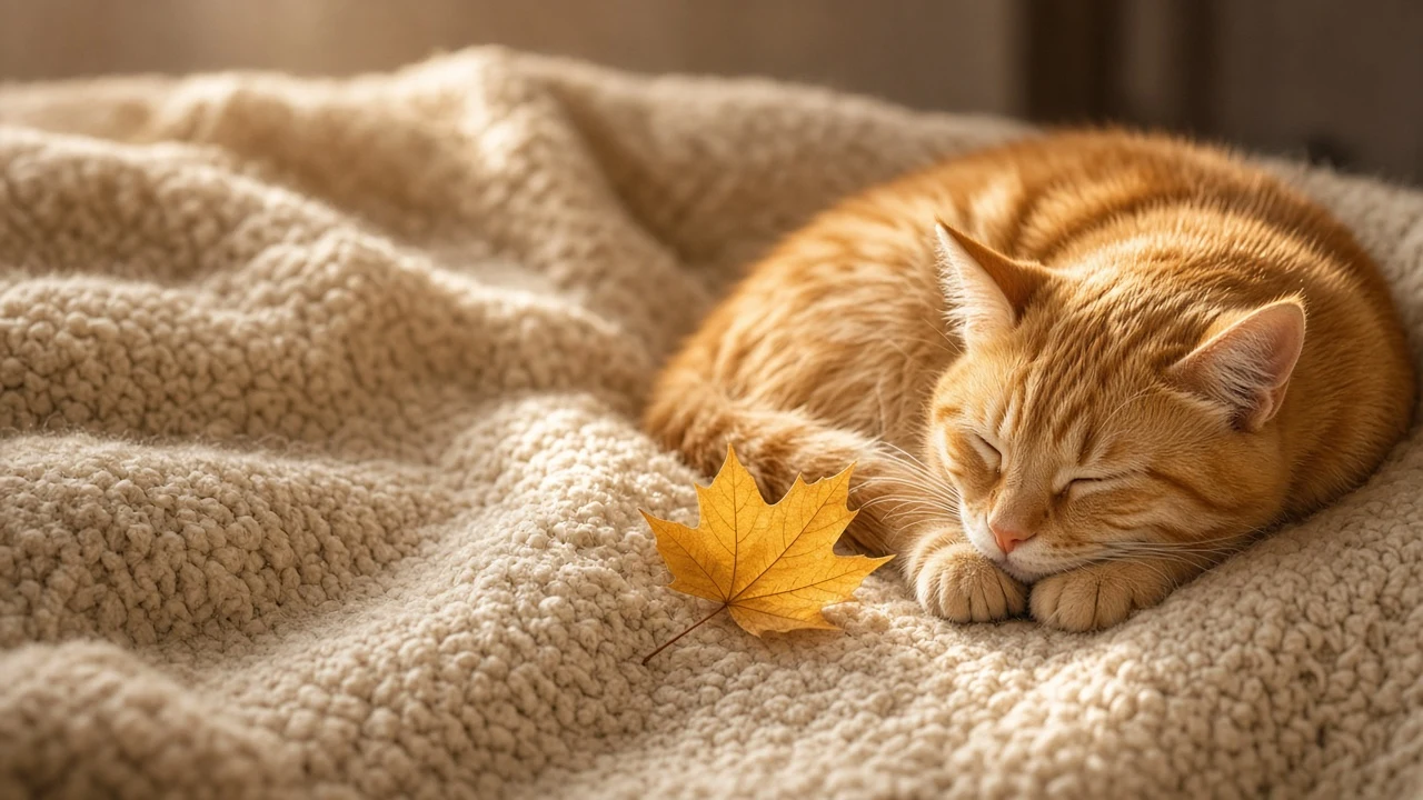 Ginger Tabby Sleeping on Knit Blanket Beside Fallen Golden Maple Leaf