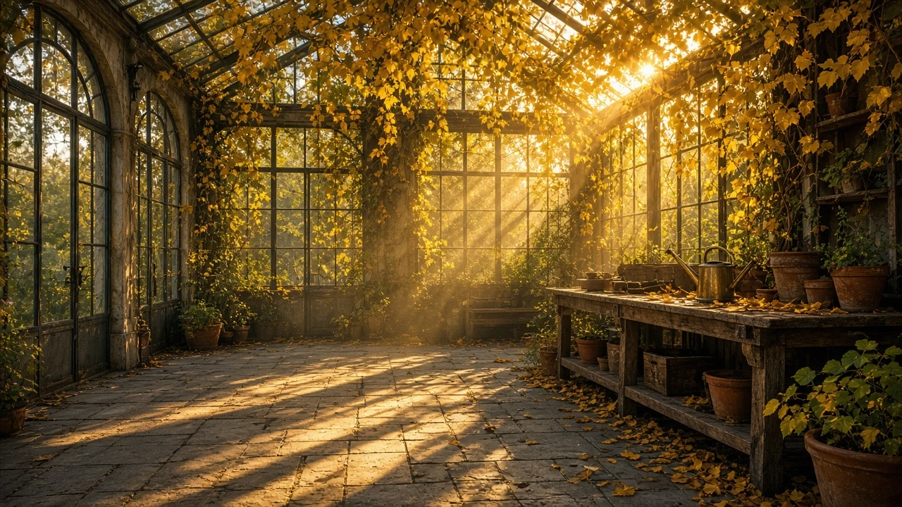 Sunlit Glass Greenhouse Interior with Golden Vine Leaves and Potting Bench