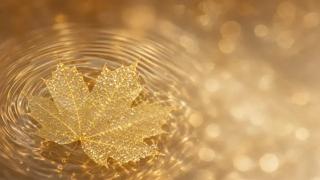 Floating Translucent Golden Leaf in Crystal Water with Sunlight Shimmer
