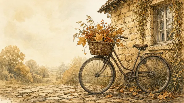 Vintage Bicycle with Basket of Golden Leaves by Honey-Colored Stone Wall