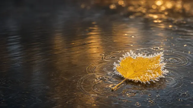 Single Gilded Autumn Leaf on Thin Frozen Puddle with Ice Crystals