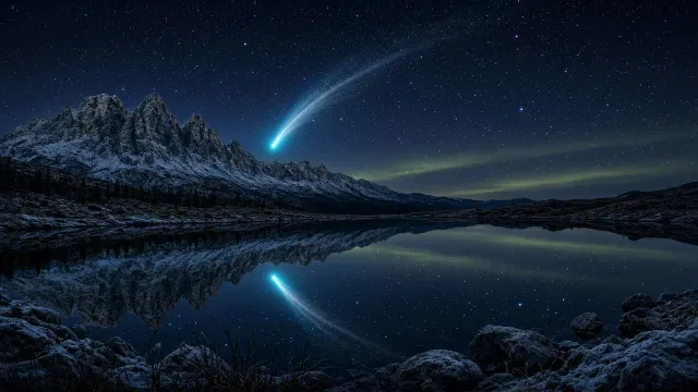 Subalpine Glacial Lake Mirroring Luminous Cometary Nucleus