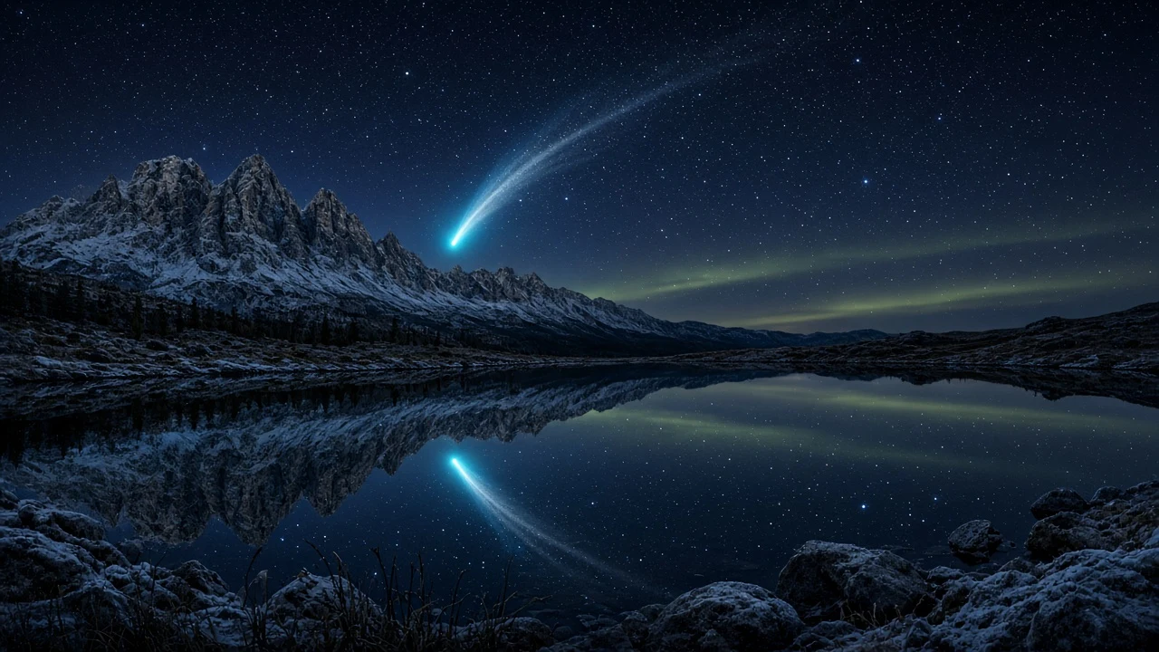 Subalpine Glacial Lake Mirroring Luminous Cometary Nucleus