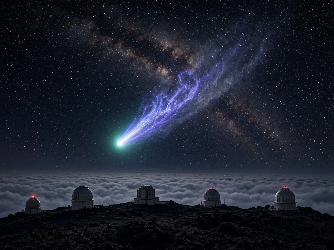 Mauna Kea Observatory Domes Under Brilliant Interstellar Comet