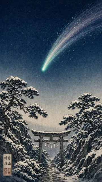 Japanese Woodblock Print of a Comet Over Snowbound Pines