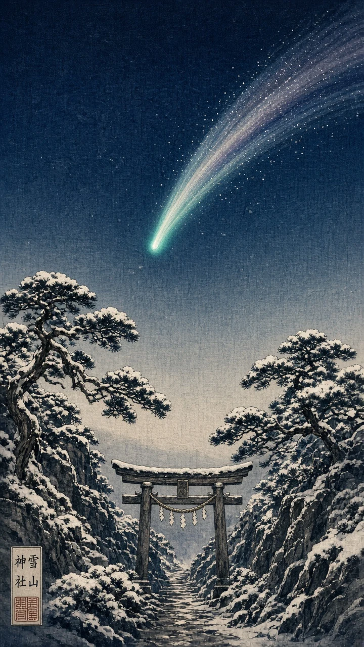 Japanese Woodblock Print of a Comet Over Snowbound Pines