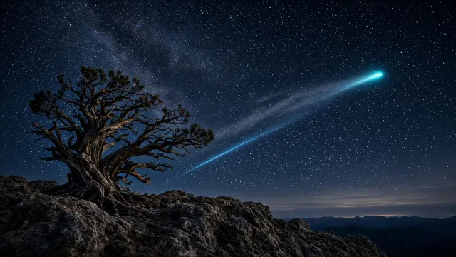 Twisted Ancient Bristlecone Silhouette Against Comet Nucleus