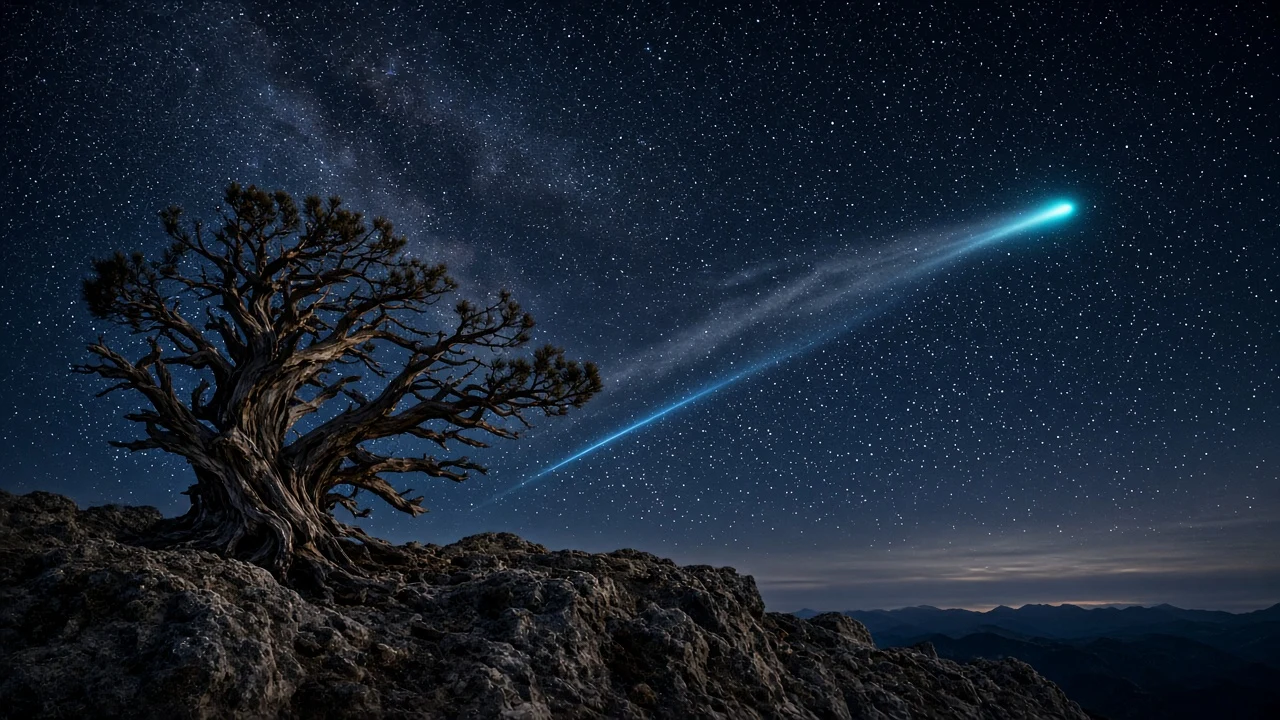 Twisted Ancient Bristlecone Silhouette Against Comet Nucleus