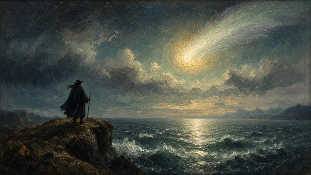Romantic Oil on Canvas of a Wanderer Observing the Comet